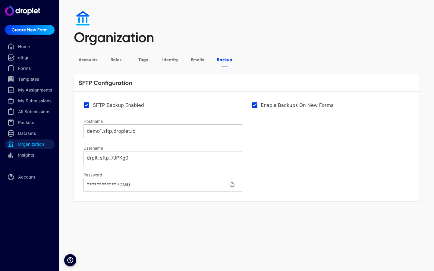 The SFTP Configuration screen under Organization, Backup: enable toggle, hostname, username, password