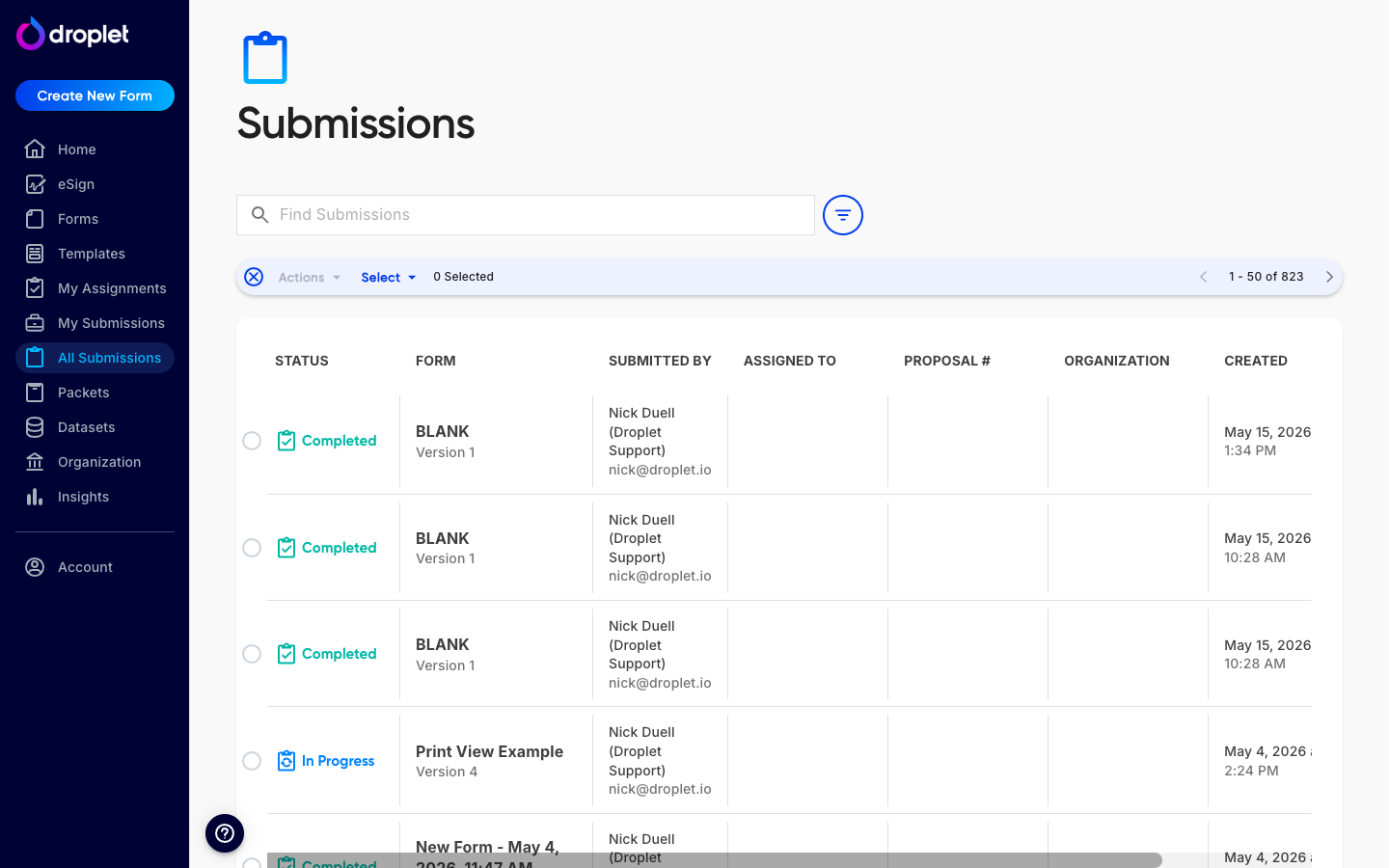The All Submissions page with the Select and Actions controls used to export