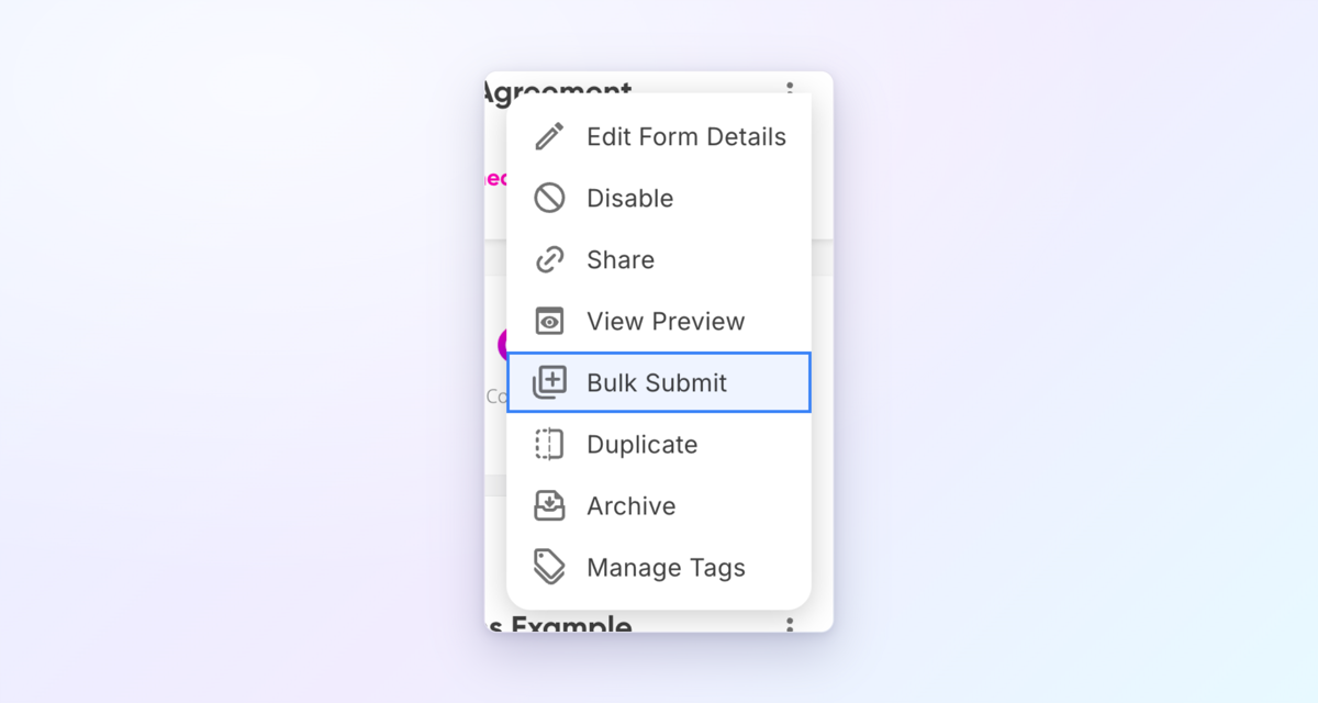 The three-dot form menu with Bulk Submit highlighted