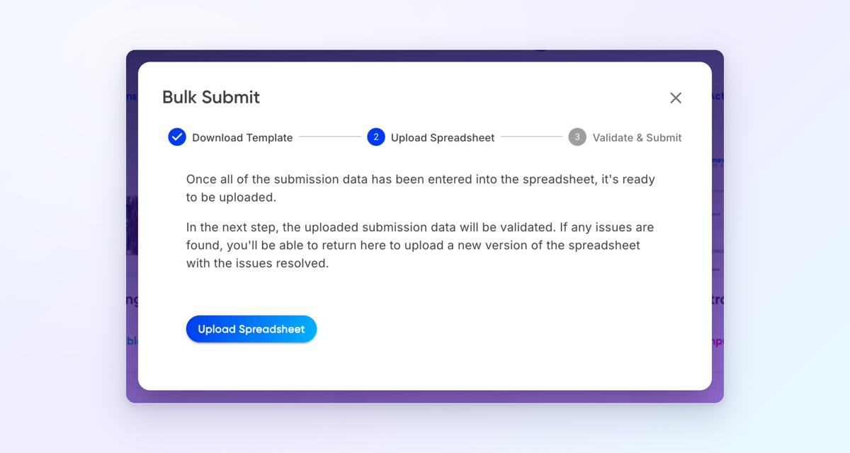 The Bulk Submit assistant on the Upload Spreadsheet step