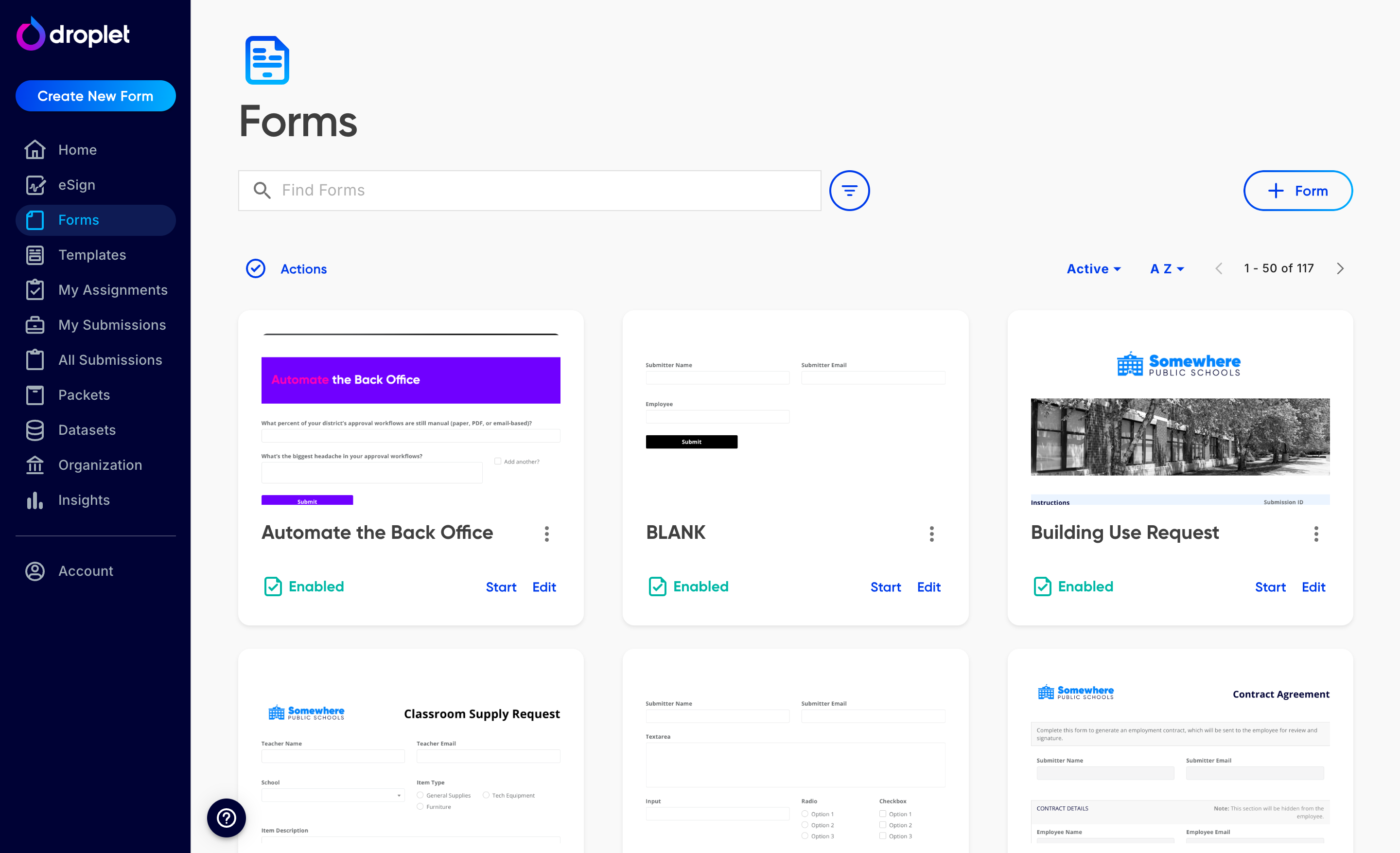 The Droplet Forms page with the Create New Form button and form cards