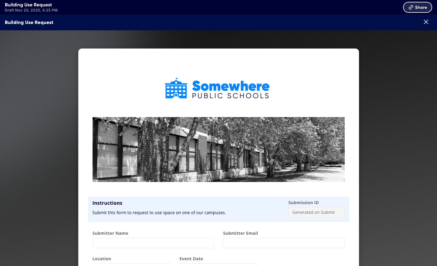 Sharing a form: the Share button copies the link, with a Link copied confirmation