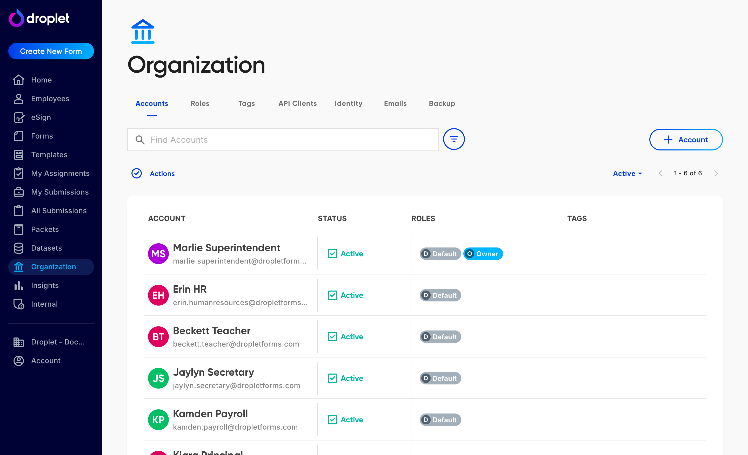 The Accounts tab showing each account's assigned roles in the Roles column