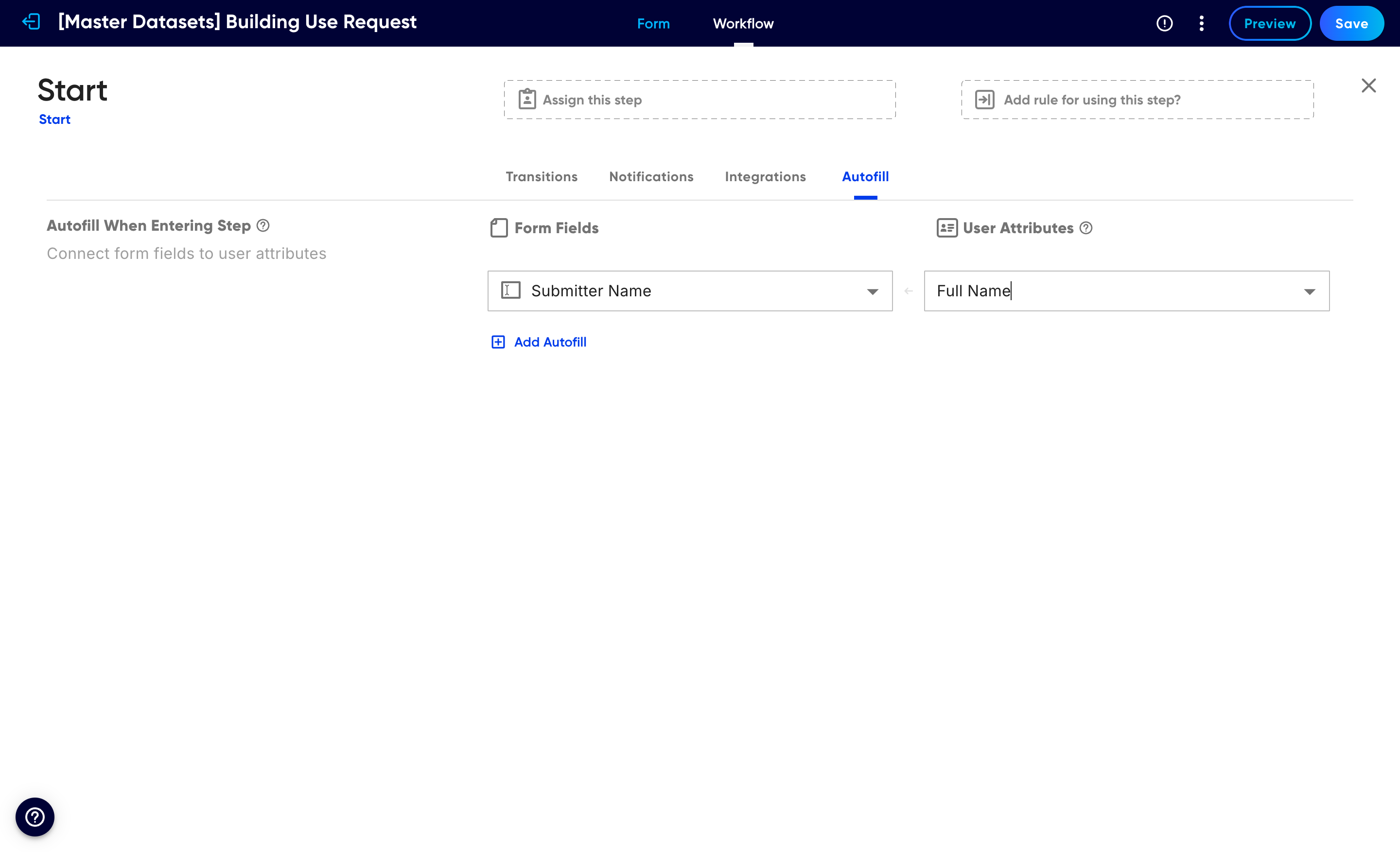 The Autofill tab connecting the Submitter Name form field to the Full Name user attribute
