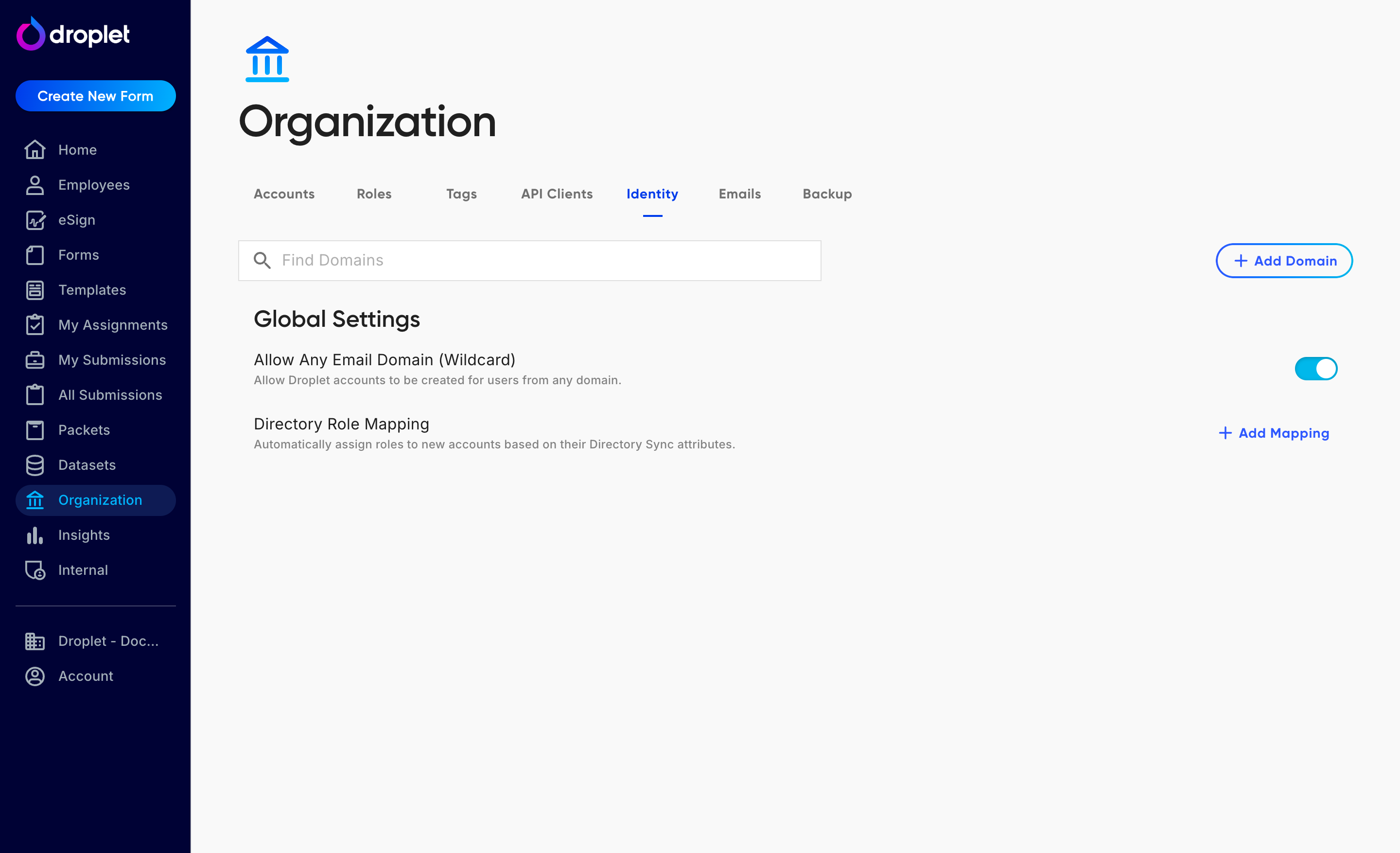 The Identity tab under Organization, showing Global Settings including Directory Role Mapping