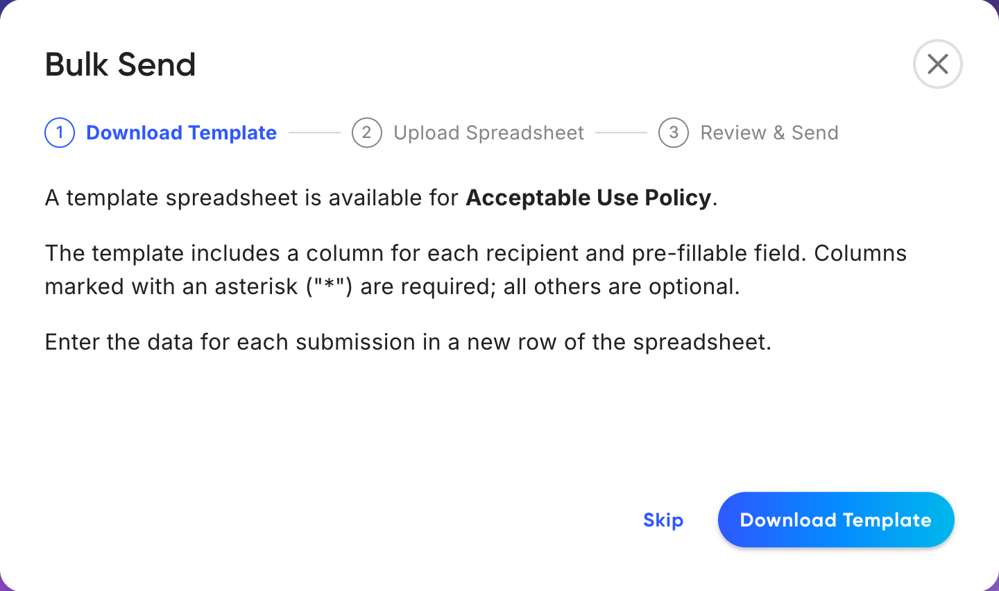 Bulk Send step one, offering a template spreadsheet to download for the document