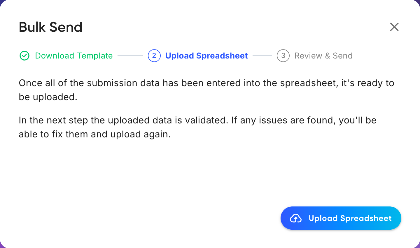 Bulk Send step two, ready to upload the completed spreadsheet for validation