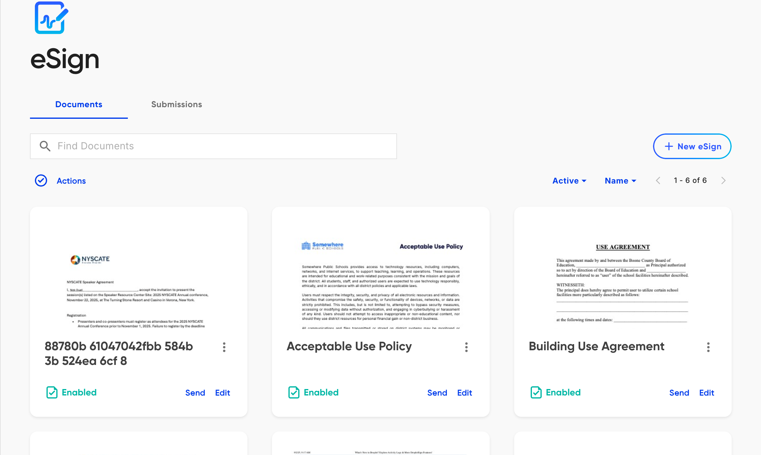 The eSign Documents tab listing documents, each with Send and Edit actions