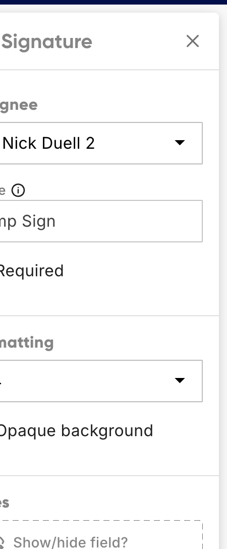 A field settings panel showing Assignee, Name, Required, Formatting, Opaque background, and Rules
