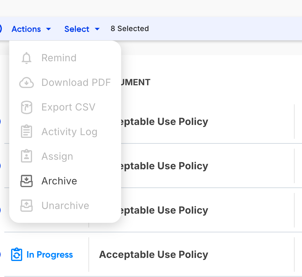 The Submissions Actions menu, including Remind, Download PDF, Export CSV, Activity Log, Assign, and Archive
