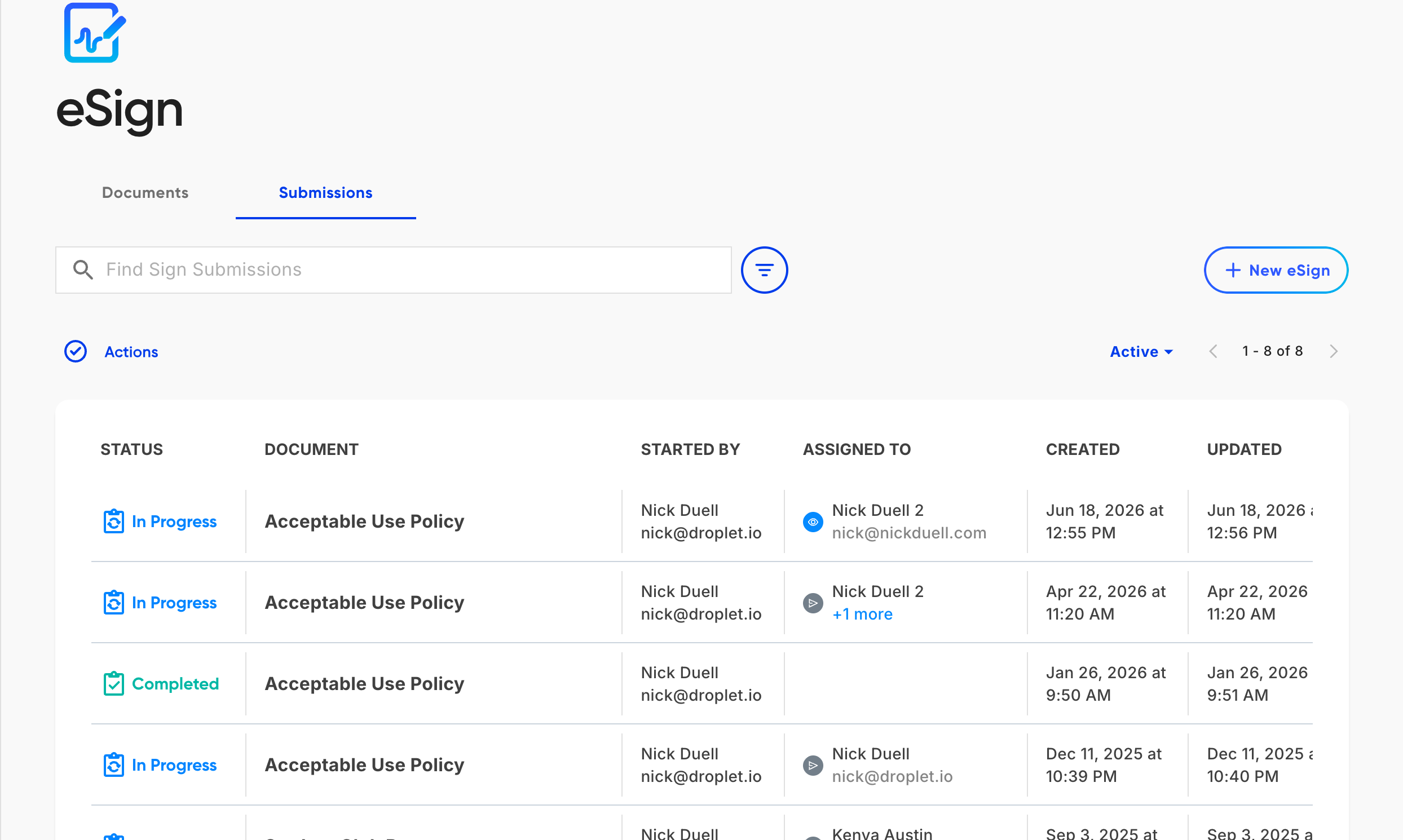 The eSign Submissions tab listing sent documents with status and assignees