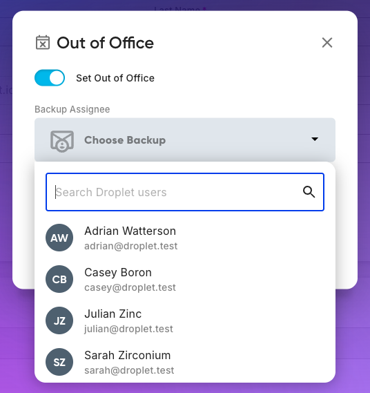 The Out of Office panel with the switch on and the Backup Assignee dropdown open, showing a search box and a list of teammates