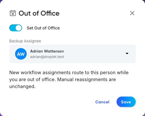 The Out of Office panel with the switch on and a backup assignee selected, ready to save