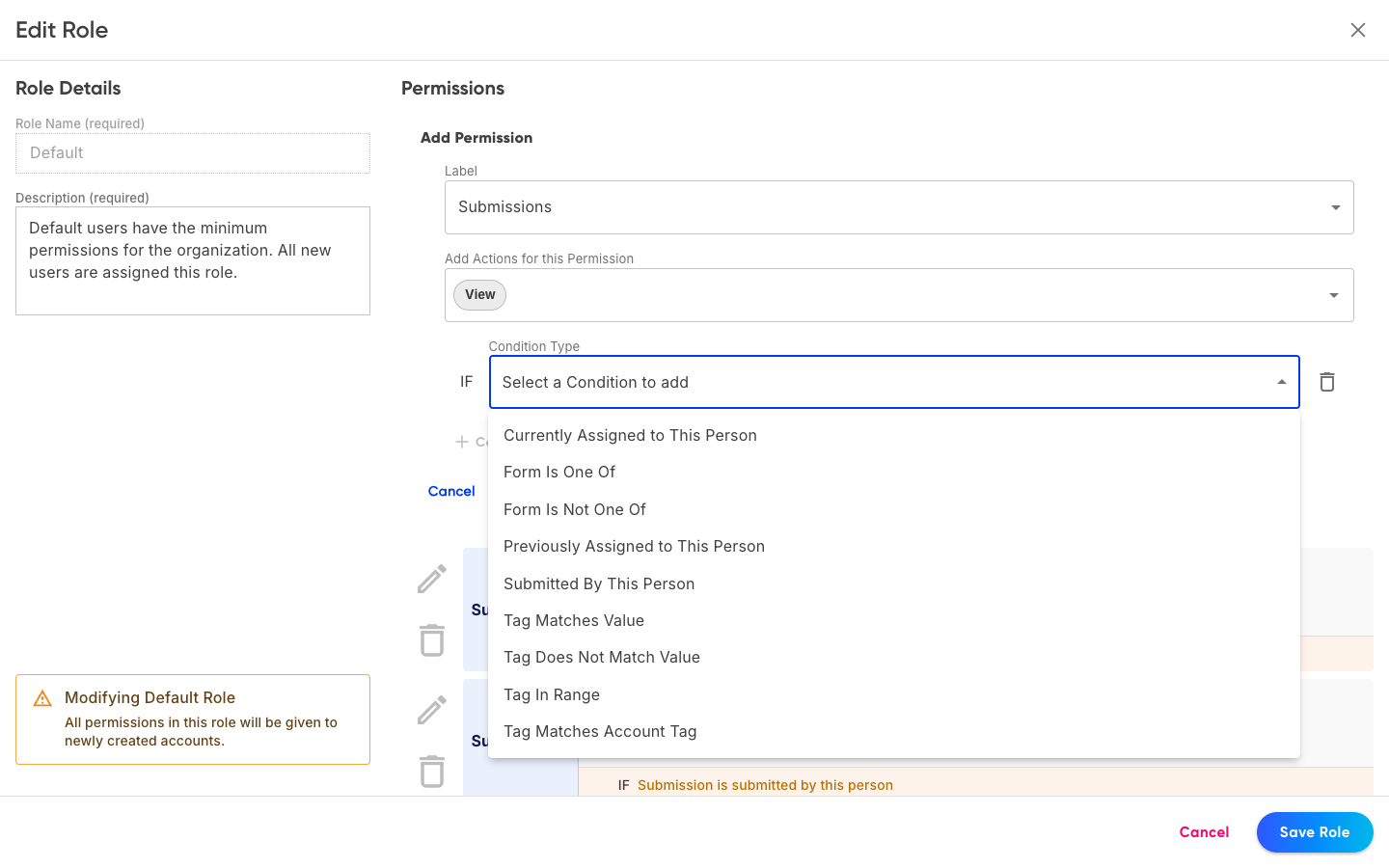 The permission condition type menu, including Tag Matches Account Tag and other tag conditions