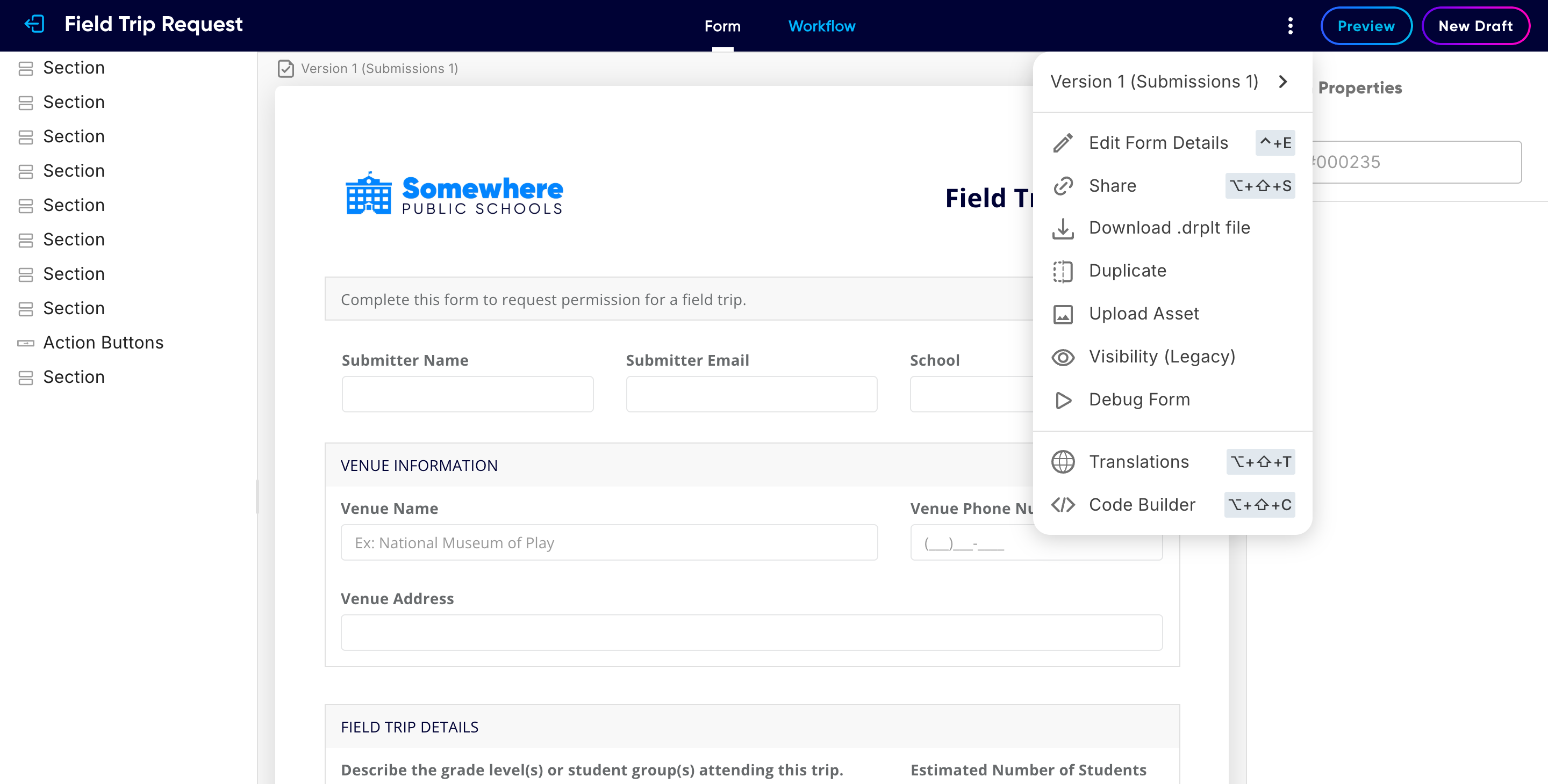 The form builder three-dot menu open, with Code Builder highlighted at the bottom