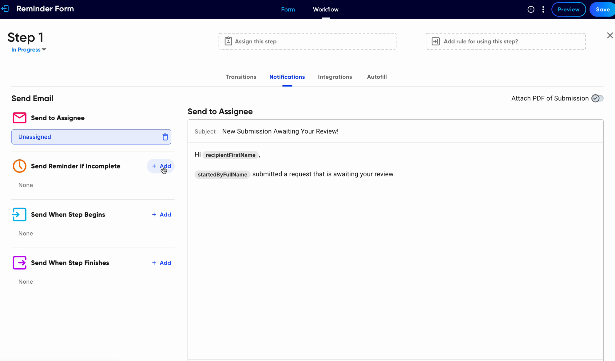 The Notifications tab of a step, with Send Reminder if Incomplete listed between Send to Assignee and Send When Step Begins
