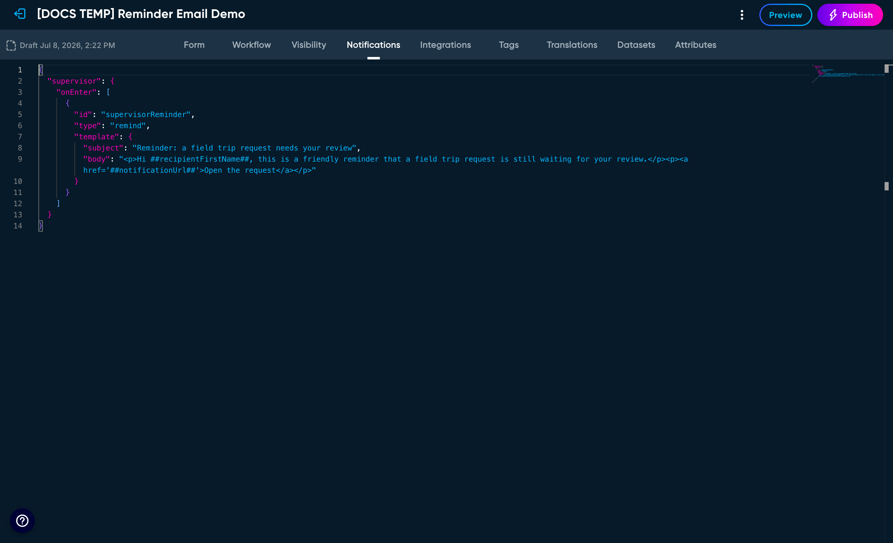 The Code Builder Notifications tab showing a remind notification with an id, type, and template