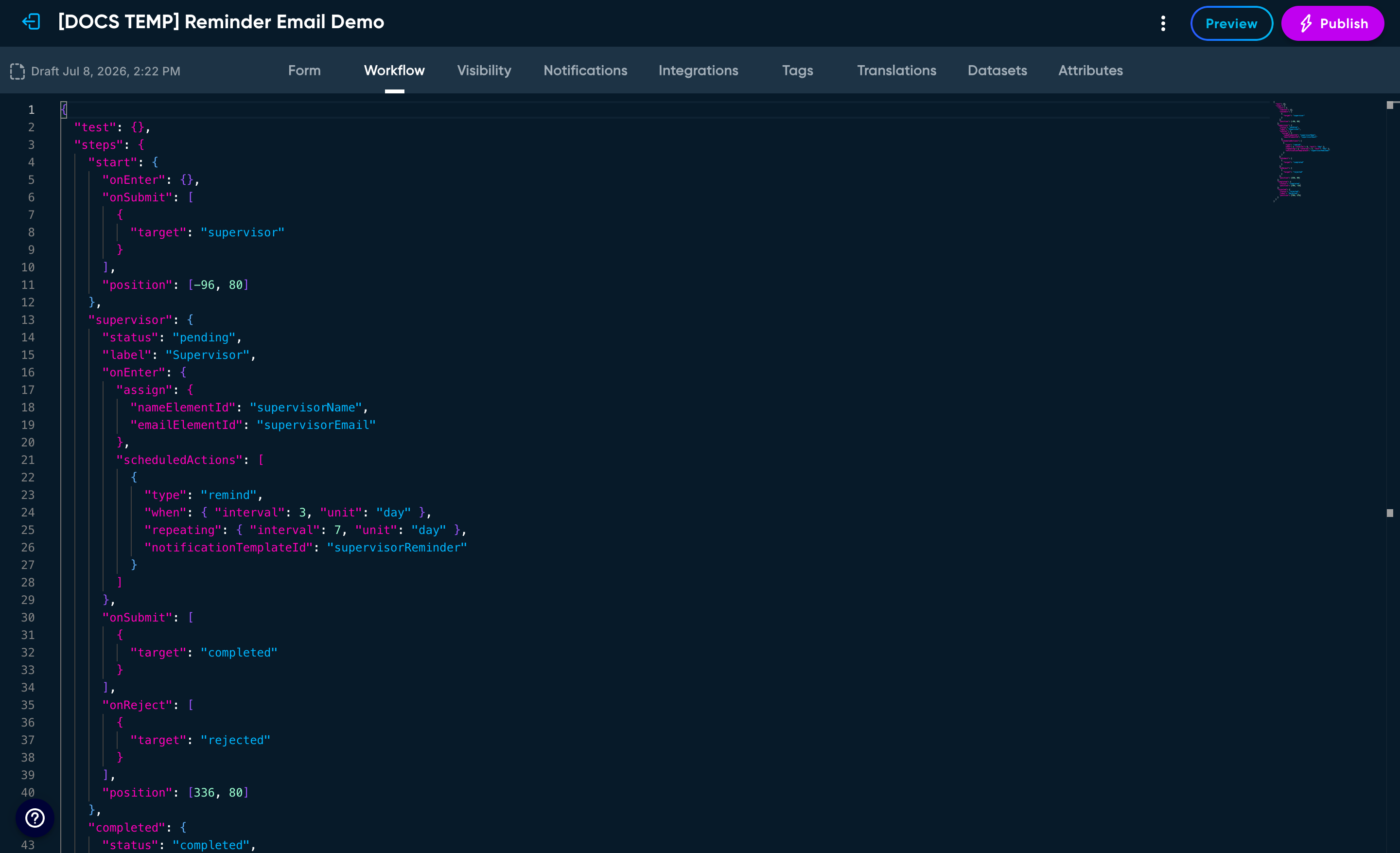 The Code Builder Workflow tab showing a scheduledActions block inside a step's onEnter section