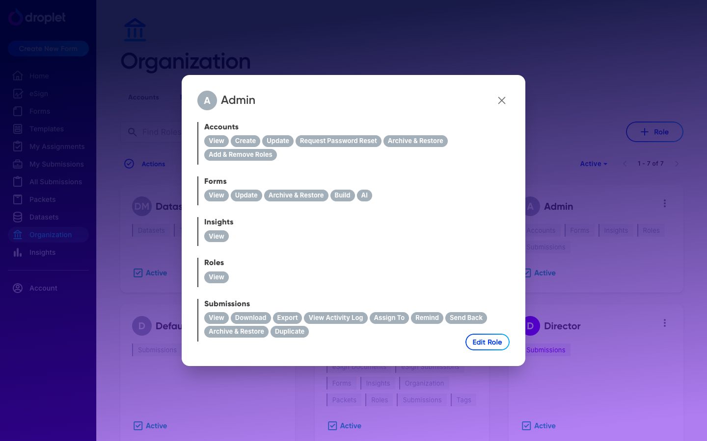 A role's detail panel showing its permissions grouped by category, with Duplicate and Edit Role buttons