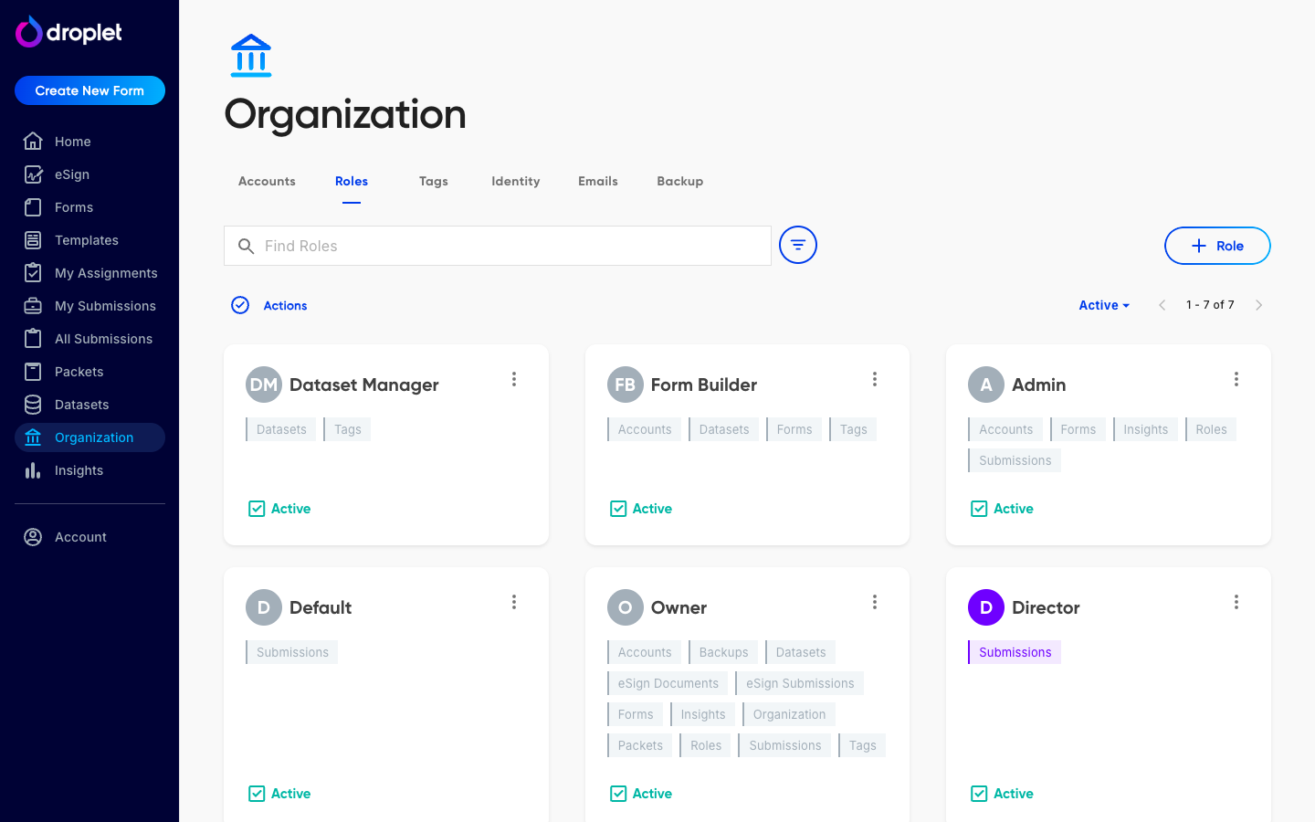 The Roles tab under Organization, showing the five preset roles plus custom roles