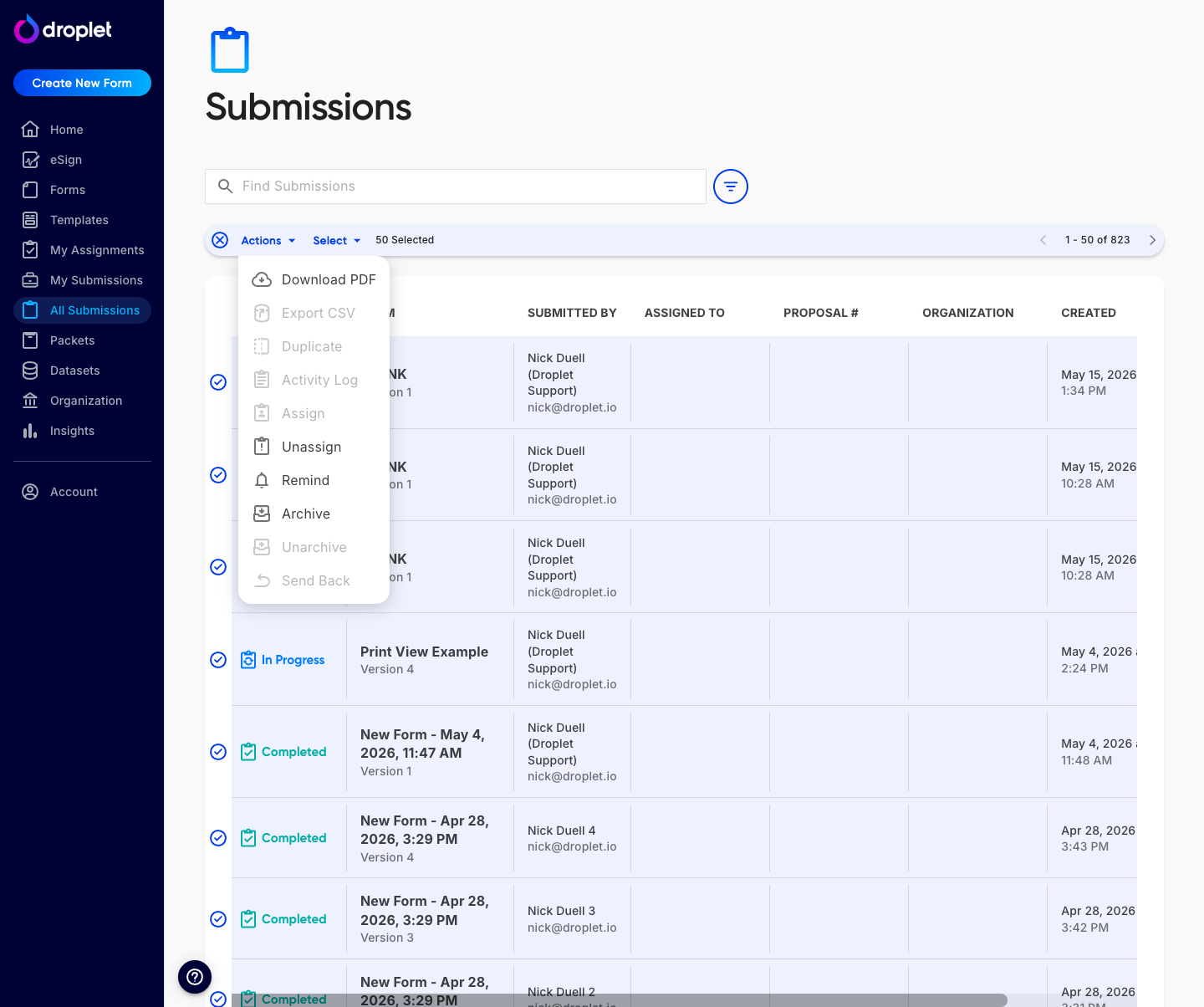 The Actions menu open over the All Submissions list