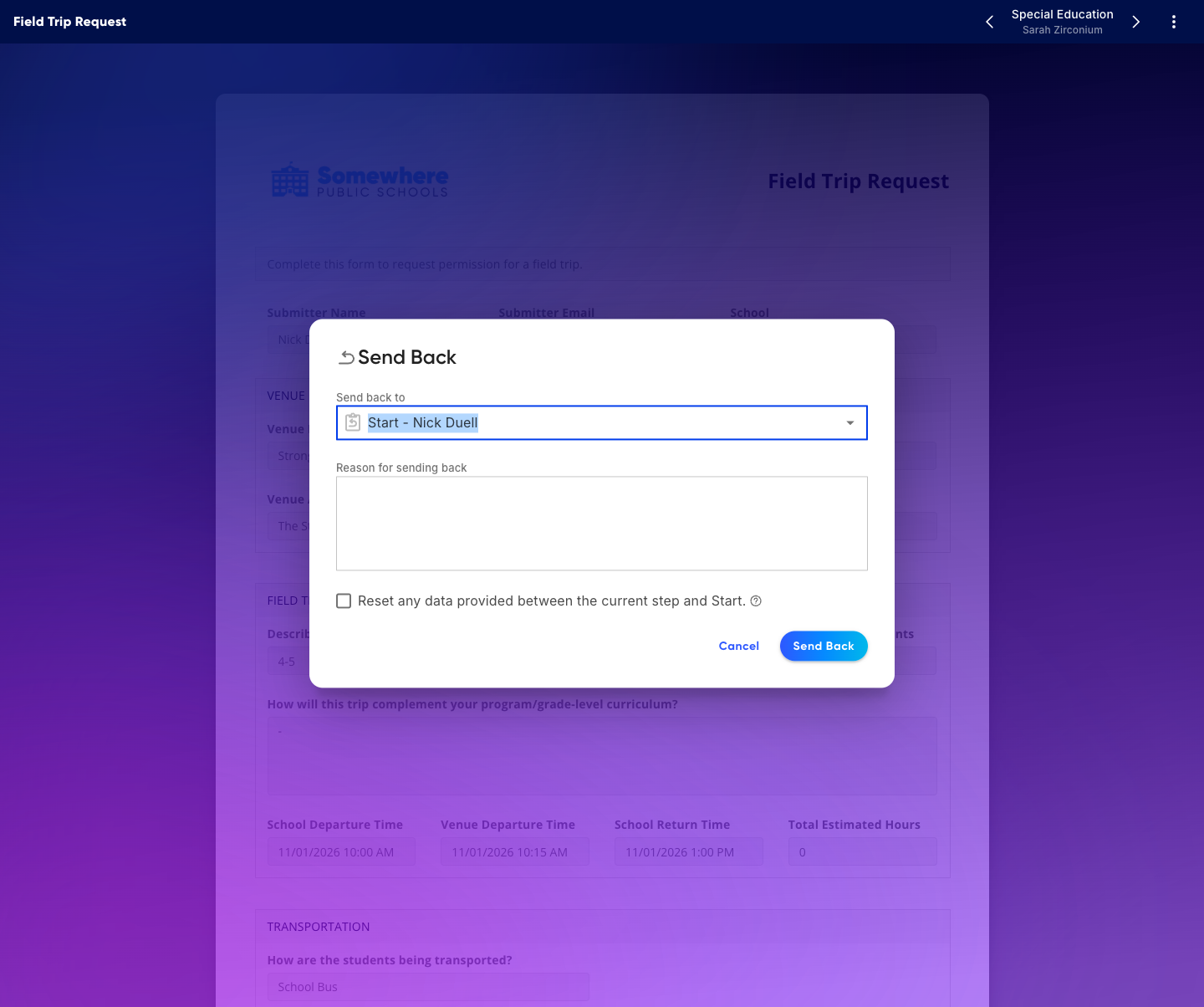 The Send Back dialog with a step picker, reason field, and reset-data option