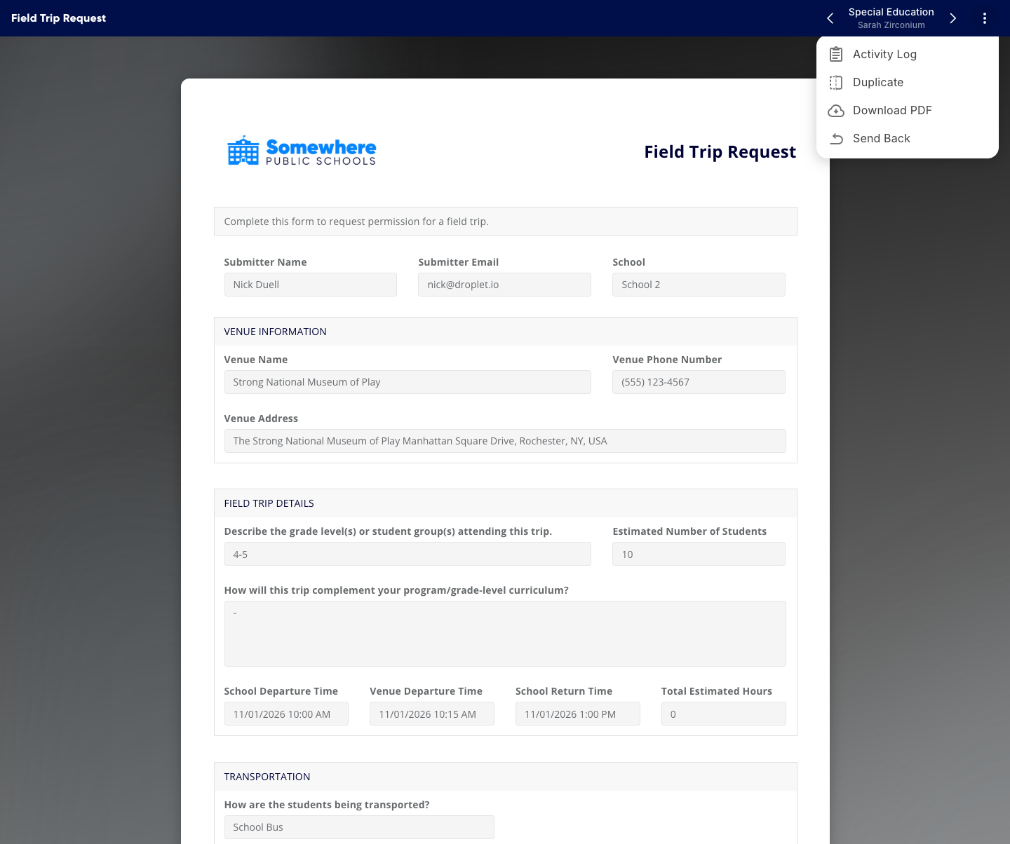 An open submission with the workflow step shown in the header and the three-dot actions menu in the top-right corner