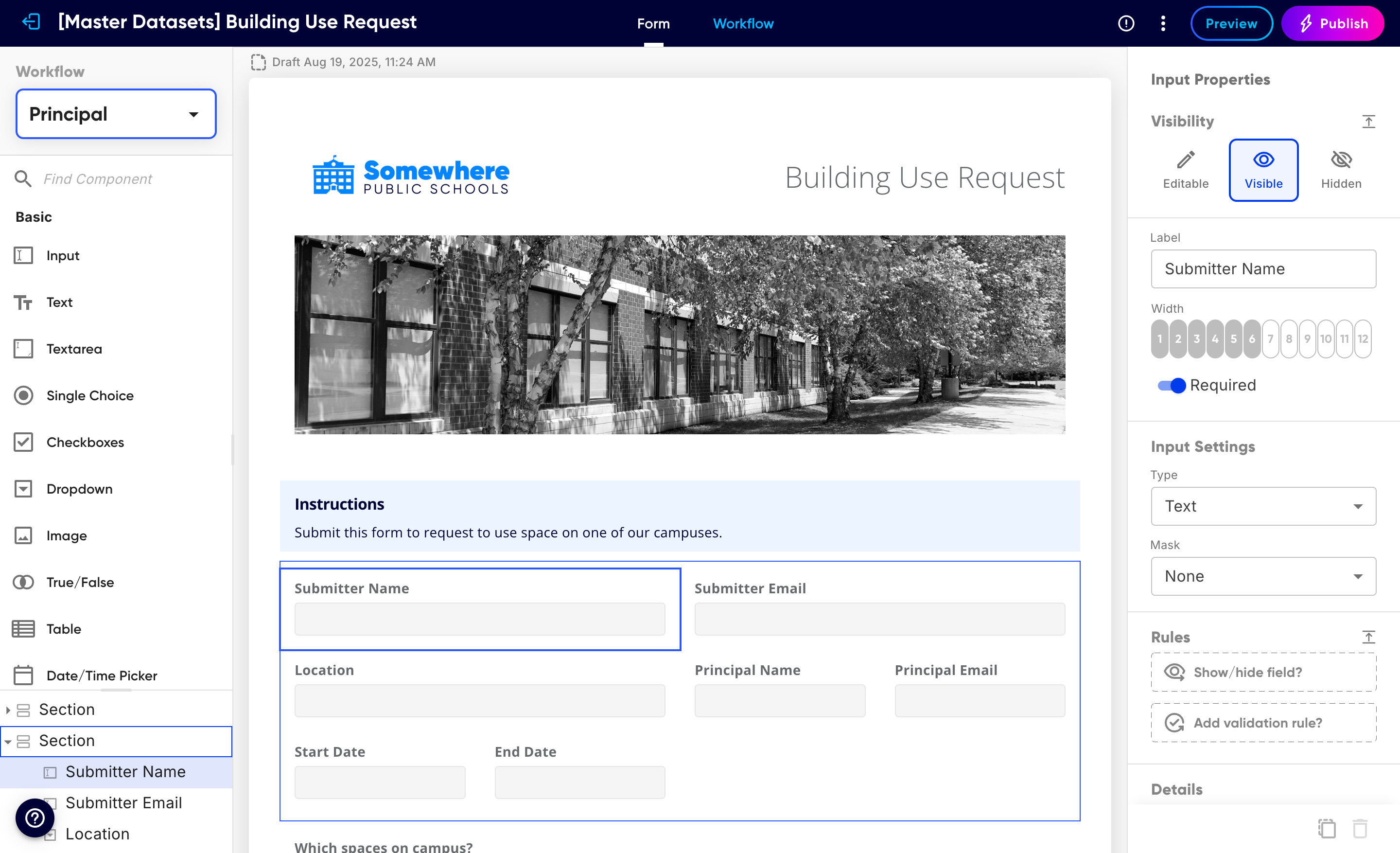 The Visibility control at the top of a field's properties panel, with Editable, Visible, and Hidden options