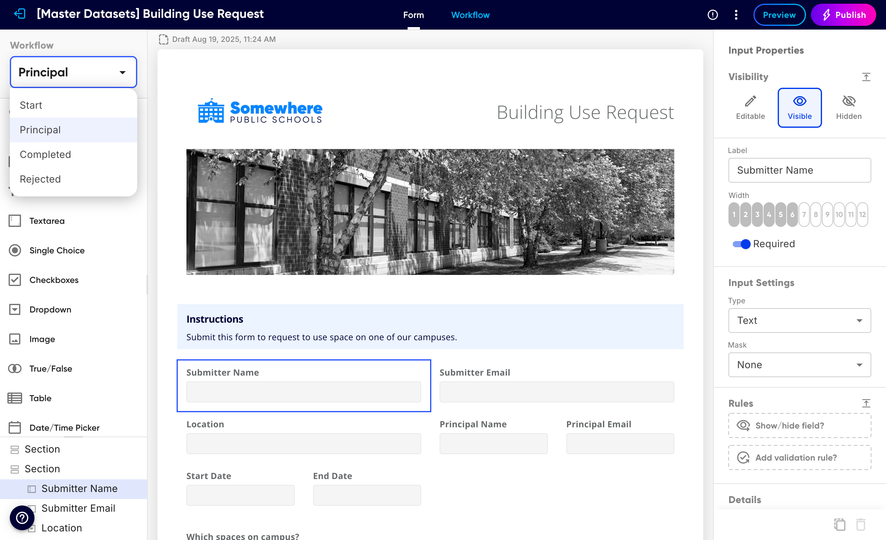 The Select workflow step dropdown open, showing Start, Principal, Completed, and Rejected